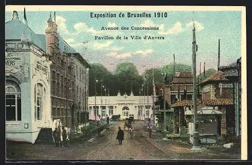AK Bruxelles, Exposition 1910, Avenue des Concessions, Pavillon de la Ville d`Anvers