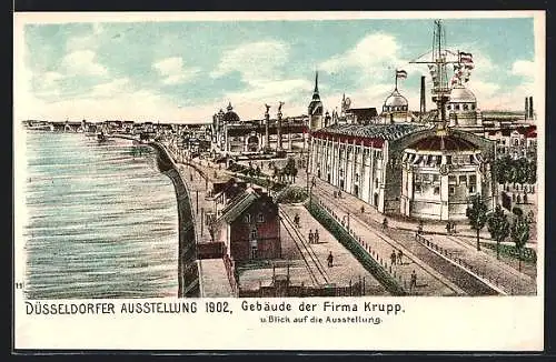 Lithographie Düsseldorf, Ausstellung 1902, Gebäude der Firma Krupp, Blick auf die Ausstellung