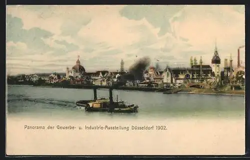 AK Düsseldorf, Gewerbe- und Industrie-Ausstellung 1902 - Panorama mit Rheindampfer