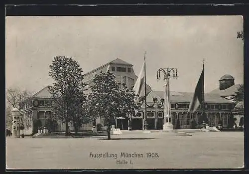 AK München, Ausstellung 1908, Halle I., Ganzsache Bayern