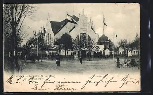 AK Düsseldorf, Gewerbe- u. Industrie-Ausstellung 1902, Festhalle, Pferdegespann