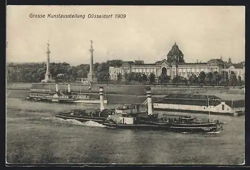 AK Düsseldorf, Grosse Kunstausstellung 1909, Kunstpalast und Rheindampfer