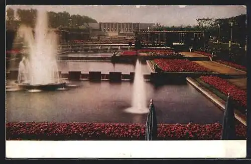 AK Essen, Gruga-Ausstellung 1929, Blick über die Rosengärten zum Rosencafe