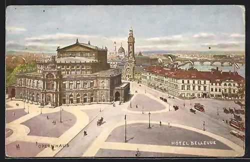 AK Dresden, Kgl. Opernhaus und Hôtel Bellevue mit Strassenbahnen