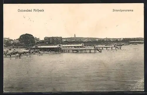 AK Ahlbeck /Ostsee, Strand-Panorama mit Seesteigen