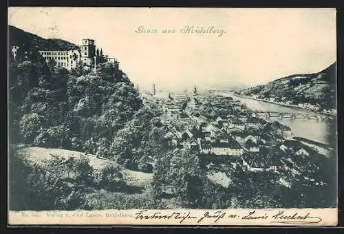 AK Heidelberg, Ortsansicht mit Schloss und Neckarbrücke aus der Vogelschau