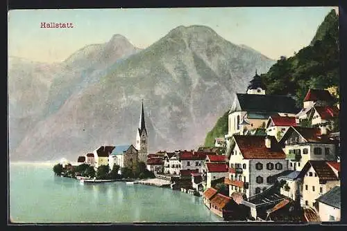 AK Hallstatt, Ortsansicht mit Kirche am Wasser