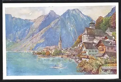 Künstler-AK Hallstatt am Hallstättersee, Ortsansicht