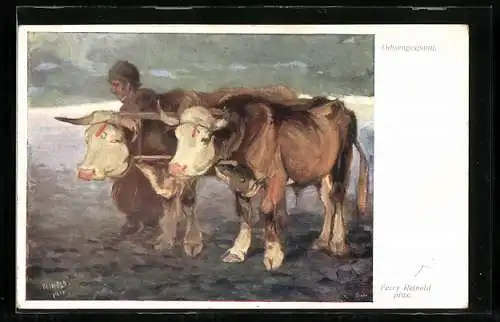 Künstler-AK Mann neben einem Ochsengespann