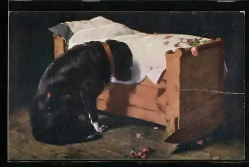 AK Trauernder Hund vor einem leeren Kinderbett