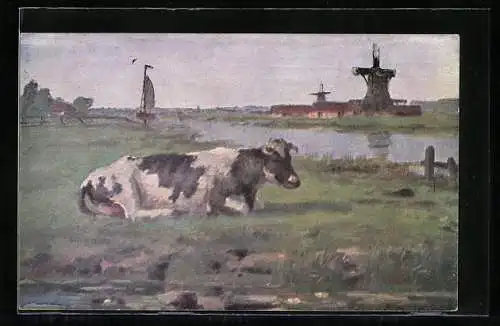 AK Weide mit Kuh vor Gewässer und Windmühlen