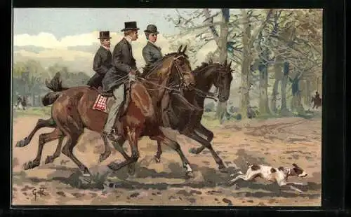 AK Jäger auf ihren Pferden mit Jagdhund