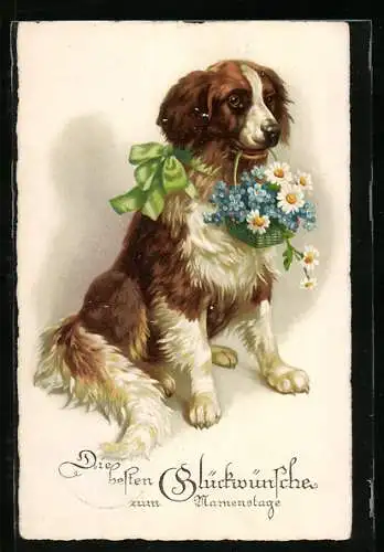 AK Hund mit Blumenkörbchen und Schleife