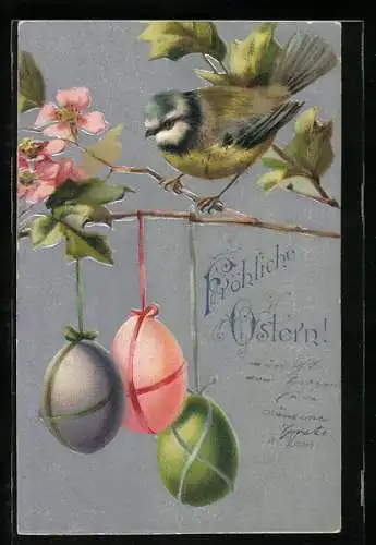 Präge-AK Meise und hängende Ostereier, Ostergruss