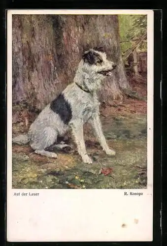 AK auf der Lauer, Terrier vor einem Baum