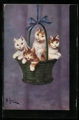 Künstler-AK Katzen, vier Kätzchen in einem Weidenkorb