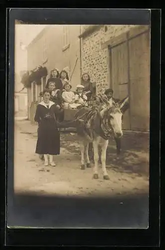 Foto-AK Kindergruppe auf einem Eselswagen