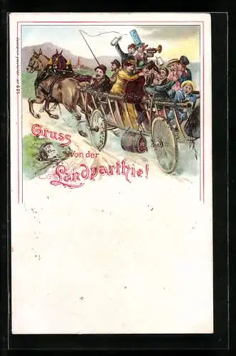 Lithographie Pfingstausflug mit trinkender und feiernder Gesellschaft in einer Pferdekutsche
