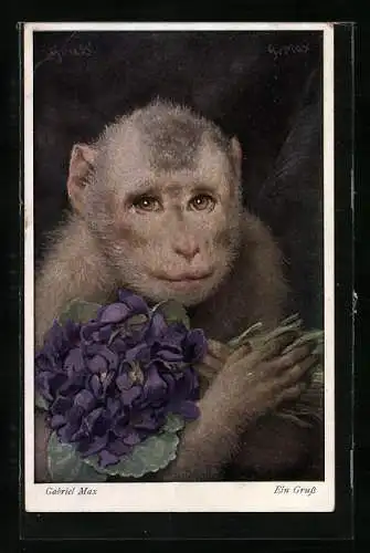 Künstler-AK sign. Gabriel Max: Ein Gruss vom Affen mit Veilchen