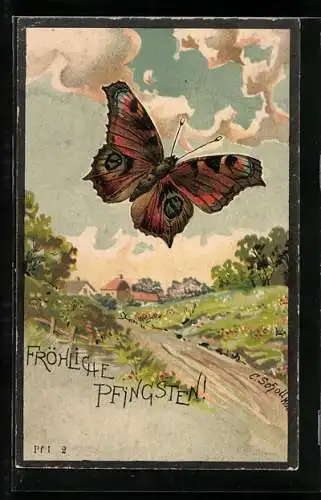 AK Schmetterling vor einem Ort, Pfingsten
