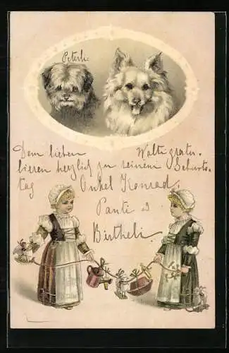 Präge-Lithographie Terrier und Spitz, Mädchen mit Spielzeug an einer Leine