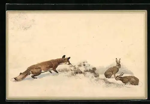 AK Fuchs vor Sprung auf Hasen im Schnee