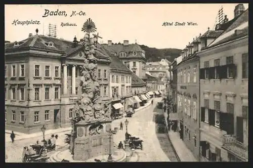 AK Baden, Hauptplatz mit Rathaus und Hotel Stadt Wien