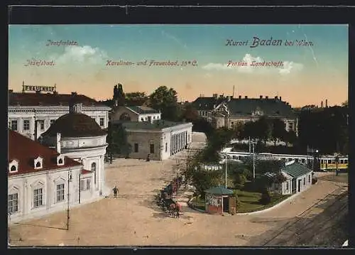 AK Baden, Josefsplatz mit dem Karolinen- und Frauenbad, dem Josefsbad und der Pension Landschaft