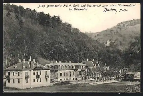 AK Baden, Josef Dietmann's Hotel-Café, Restaurant Zur alten Krainerhütte im Helenental