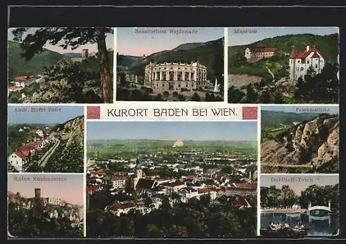 AK Baden bei Wien, Ruine Rauhenstein, Andr. Hofer Zeile, Doblhoff-Teich, Museum, Sanatorium Esplanade