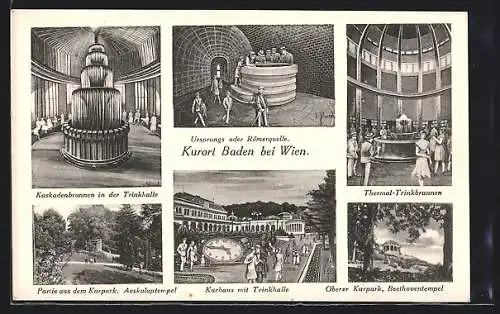 AK Baden bei Wien, Kurhaus mit Trinkhalle, Römerquelle, Kaskadenbrunnen