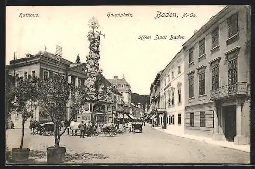 AK Baden, Hauptplatz, Rathaus & Hotel Stadt Wien