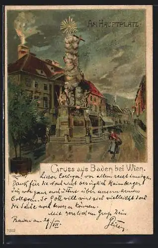 Lithographie Baden bei Wien, am Hauptplatz