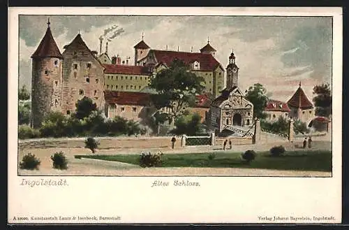 AK Ingolstadt, Altes Schloss mit Kirche und Strasse