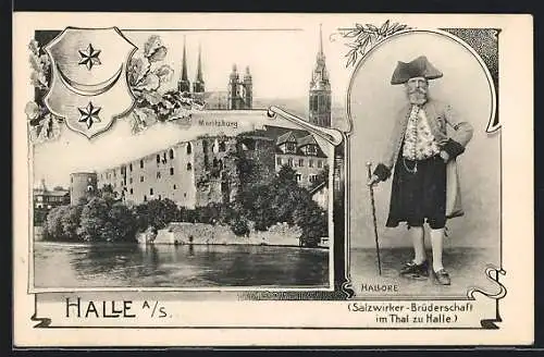 AK Halle a. S., Blick zur Moritzburg, Hallore in Tracht