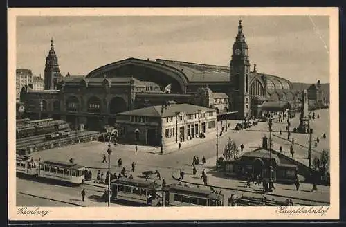 AK Hamburg-St.Georg, Strassenbahnen vor dem Hauptbahnhof