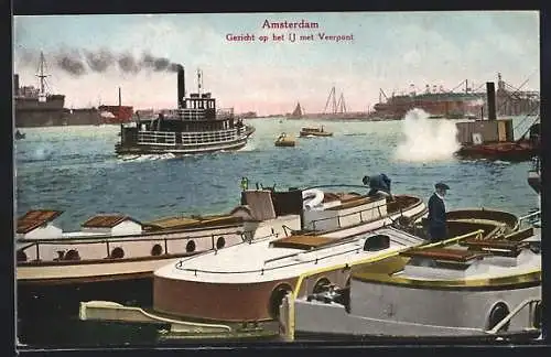 AK Amsterdam, Gezicht op het IJ met Veerpont, Dampfer