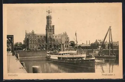 AK Bremen, Freihafen mit Dampfer und Hafenhaus