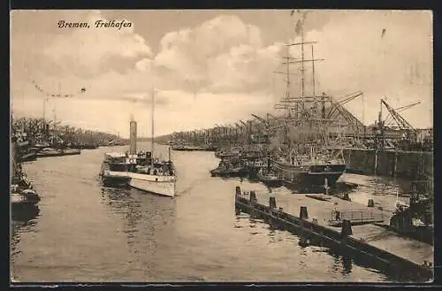 AK Bremen, Partie im Freihafen mit Dampfer und Segelschiff
