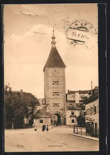 AK Wels, Strassenpartie am Ledererturm