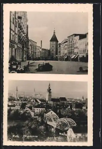 AK Wels / Donau, Strassenansicht, Panorama mit Kirche und Brücke