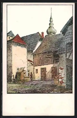 Künstler-AK Wels, Alter Hof in der Pfargasse