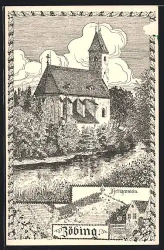 Künstler-AK Ulf Seidl: Zöbing im Kamptal, Pfarrkirche