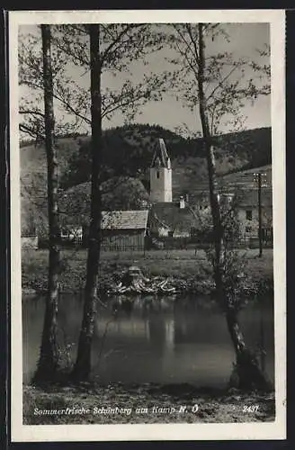 AK Schönberg am Kamp, Teilansicht mit Fluss und Kirche