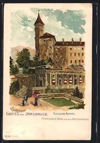 Lithographie Innsbruck, Partie im Schloss Amras, Spanischer Saal mit dem Hochschloss
