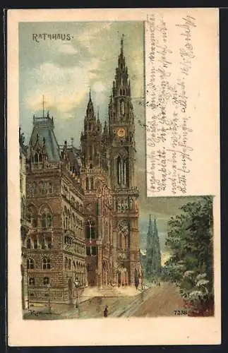 Lithographie Wien, Rathaus mit Strassenpartie