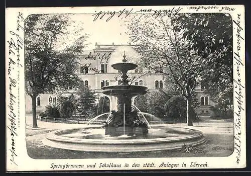 AK Lörrach, Springbrunnen und Schulhaus in den städt. Anlagen