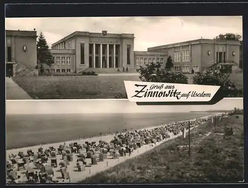 AK Zinnowitz, Kulturhaus und Körbe am Strand