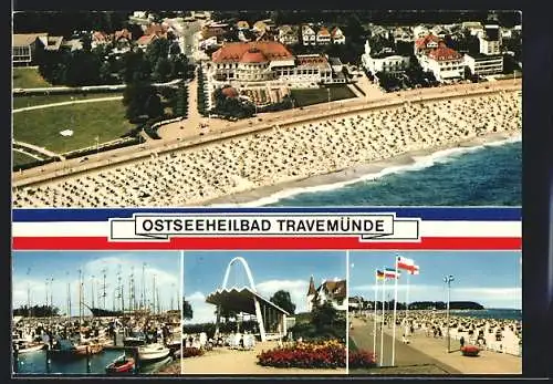 AK Travemünde, Hafenpartie mit Booten, Strandpartie aus der Vogelschau