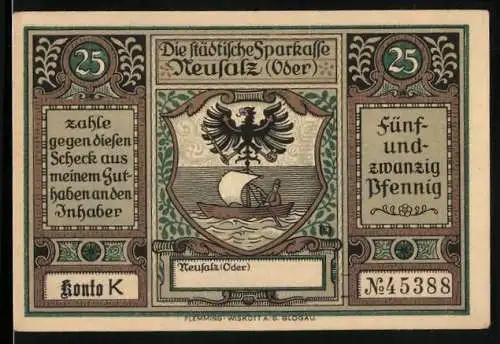 Notgeld Neusalz (Oder), 25 Pfennig, Wappen, Erhebung zur Stadt durch König Friedrich des Grossen am 20. August 1743